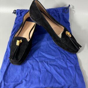 Stuart Weitzman Black Suede Loafers with Gold Accent